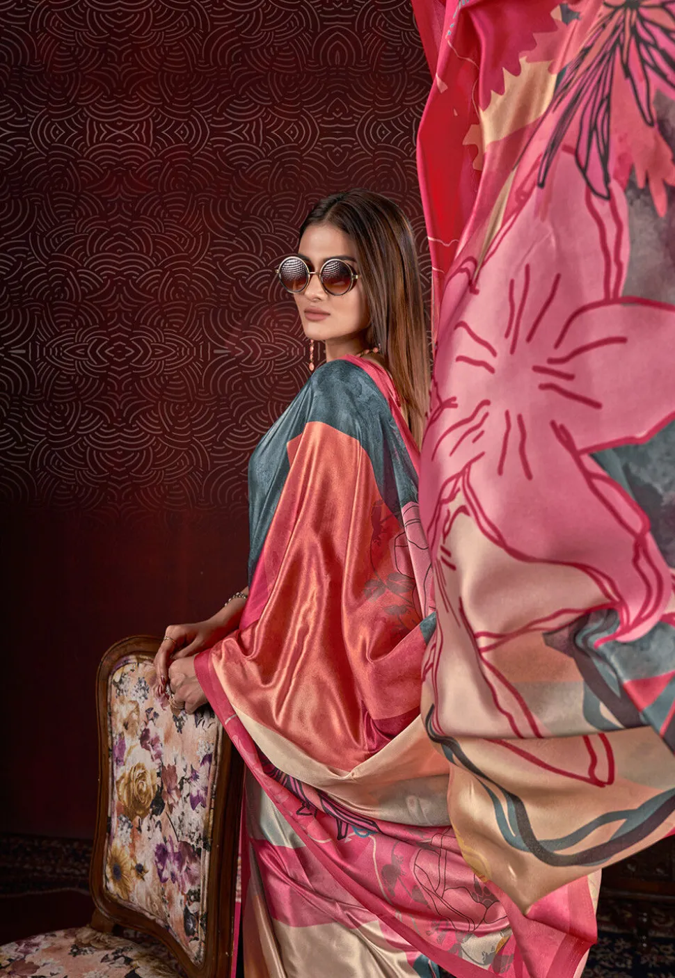 Half N Half Art Silk Saree in Grey and Pink