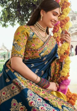 Half N Half Art Silk Saree in Navy Blue and Mustard