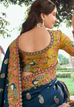 Half N Half Art Silk Saree in Navy Blue and Mustard
