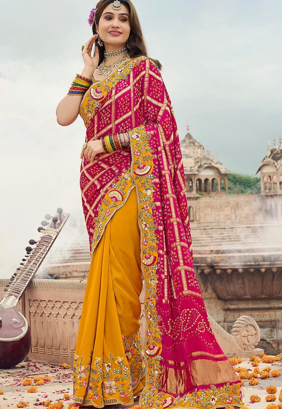 Half N Half Art Silk Saree in Pink and Mustard