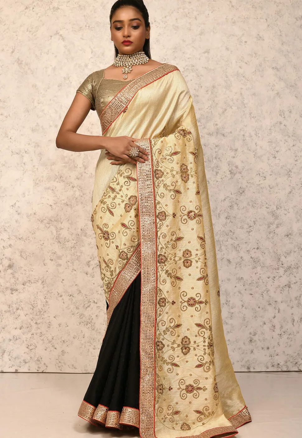 Half N Half Art Silk Saree in Beige and Black