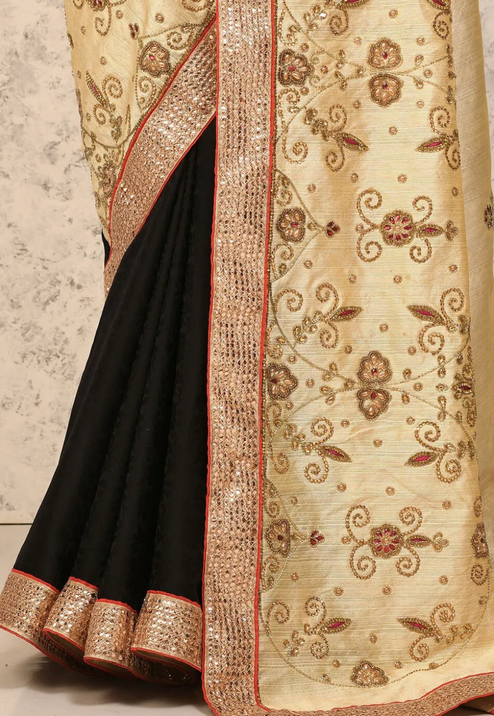 Half N Half Art Silk Saree in Beige and Black