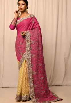 Half N Half Art Silk Saree in Dark Pink and Light Mustard