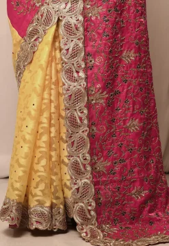 Half N Half Art Silk Saree in Dark Pink and Light Mustard