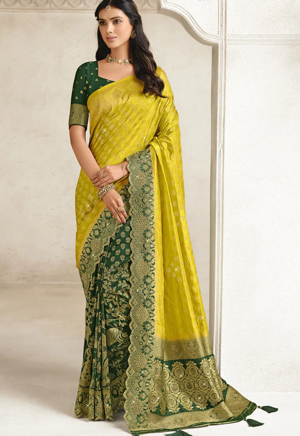 Half N Half Art Silk Saree in Yellow and Dark Green