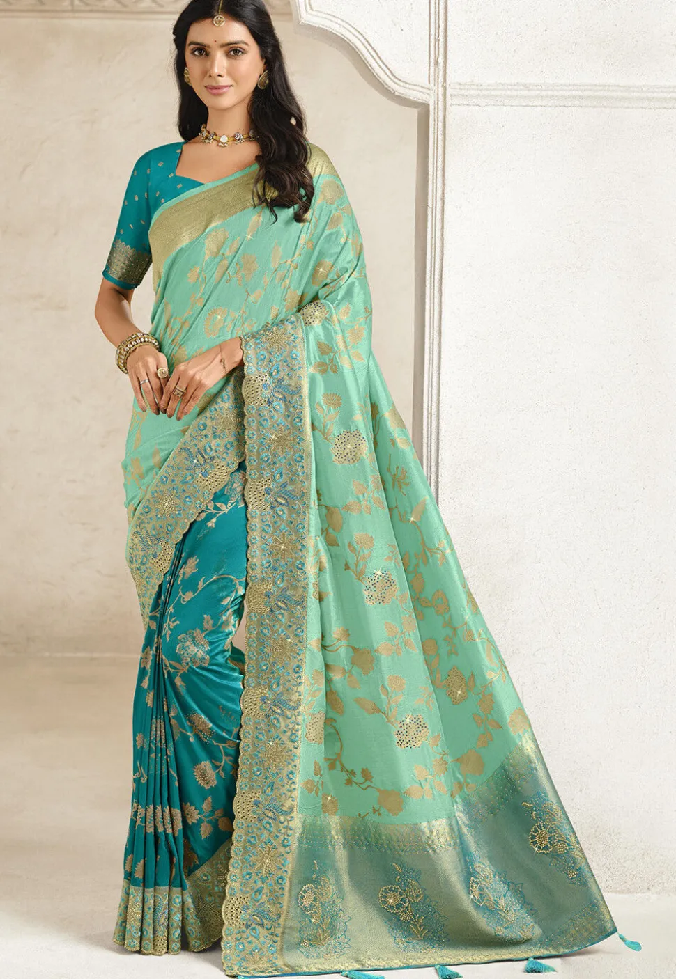 Half N Half Art Silk Saree in Light Green and Turquoise