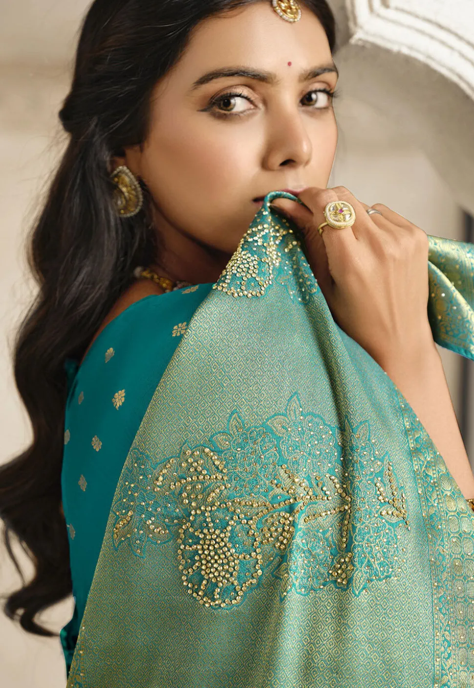 Half N Half Art Silk Saree in Light Green and Turquoise