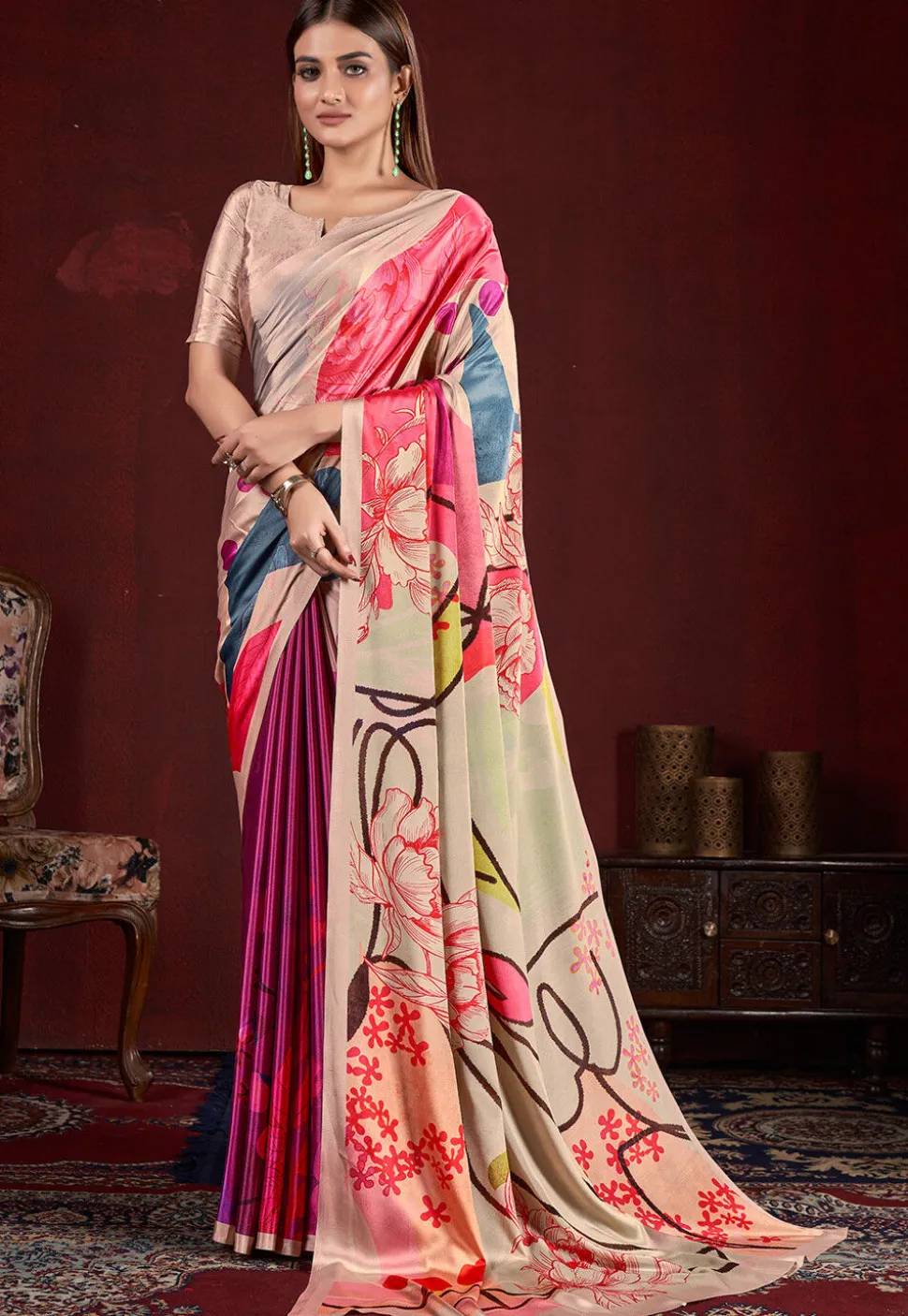 Half N Half Art Silk Saree in Purple and Beige