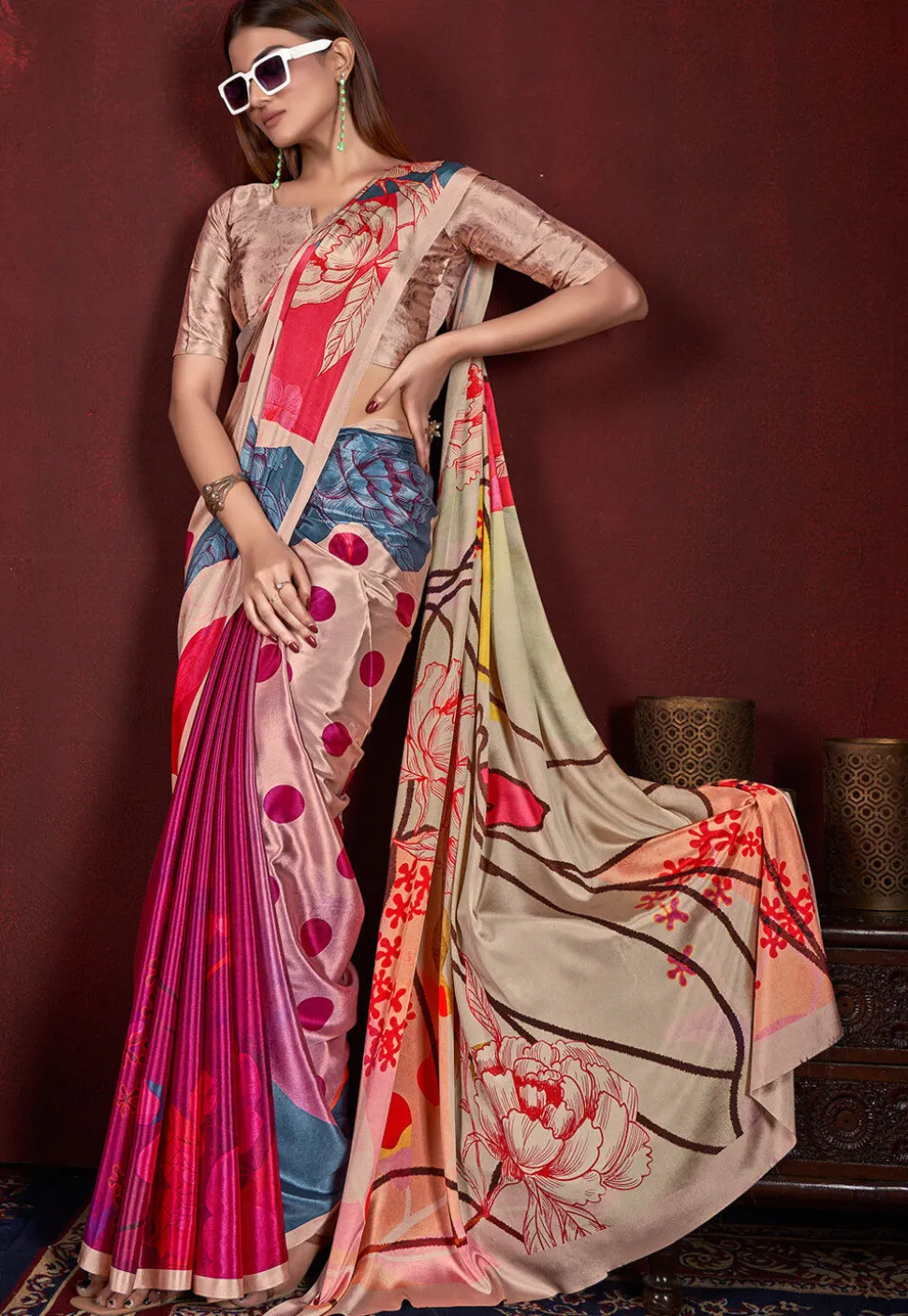 Half N Half Art Silk Saree in Purple and Beige