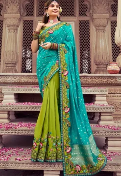 Half N Half Art Silk Saree in Turquoise and Light Green
