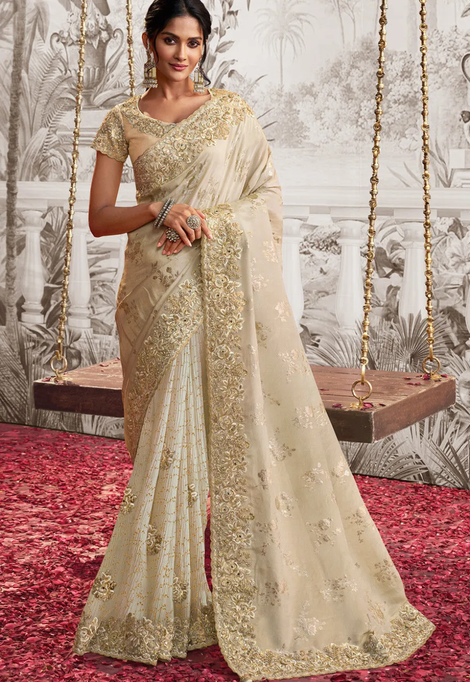 Half N Half Art Silk Saree in Off White