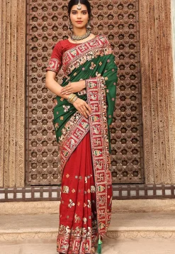 Half N Half Art Silk Saree in Green and Maroon