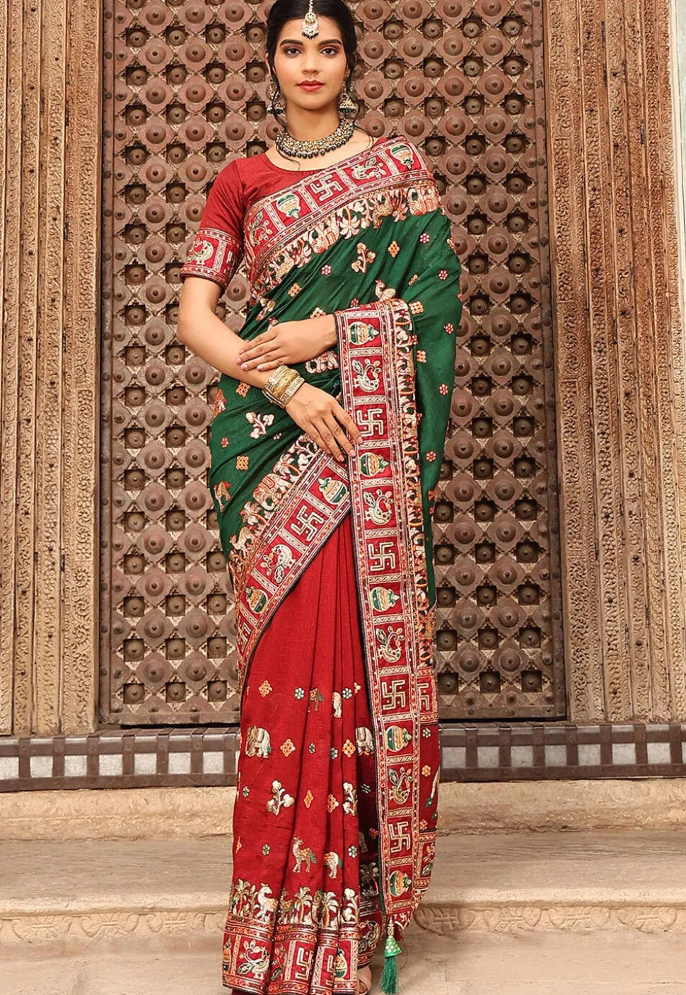Half N Half Art Silk Saree in Green and Maroon