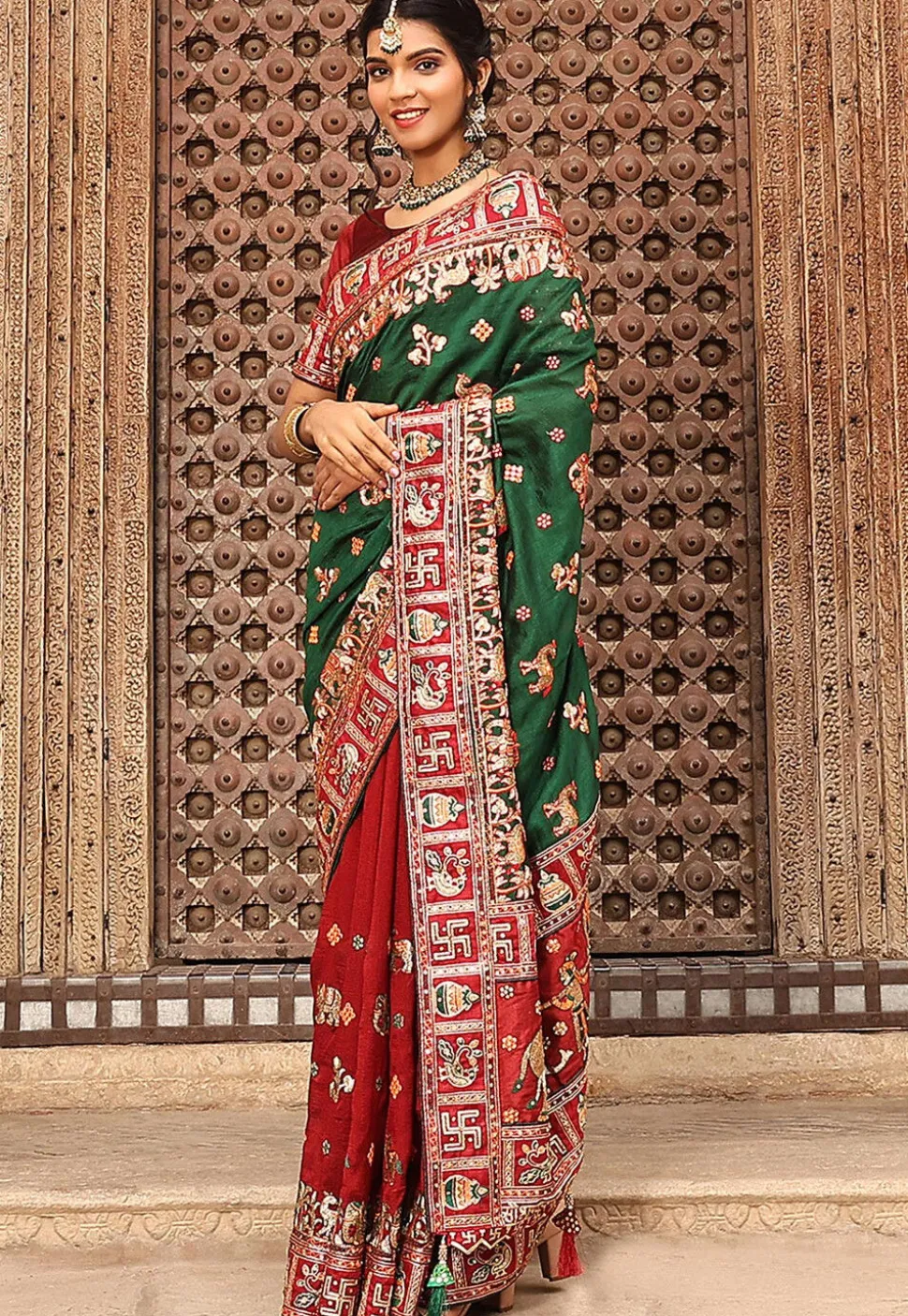 Half N Half Art Silk Saree in Green and Maroon