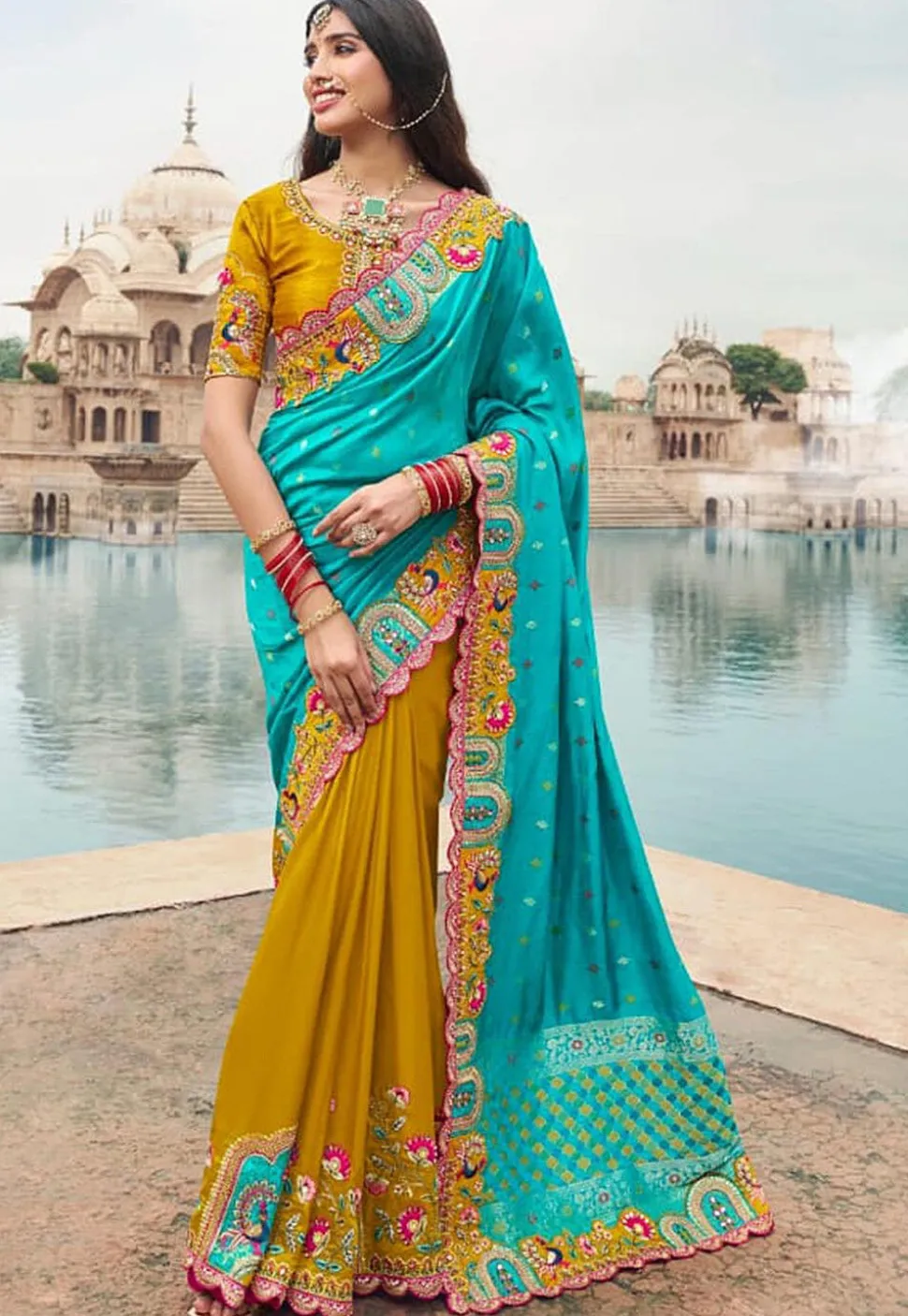 Half N Half Art Silk Saree in Turquoise and Mustard