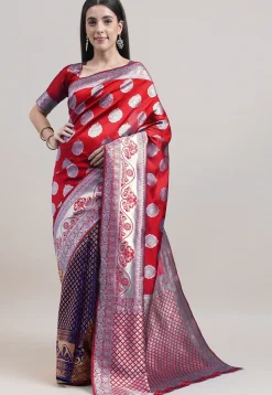Half N Half Art Silk Saree in Maroon and Navy Blue