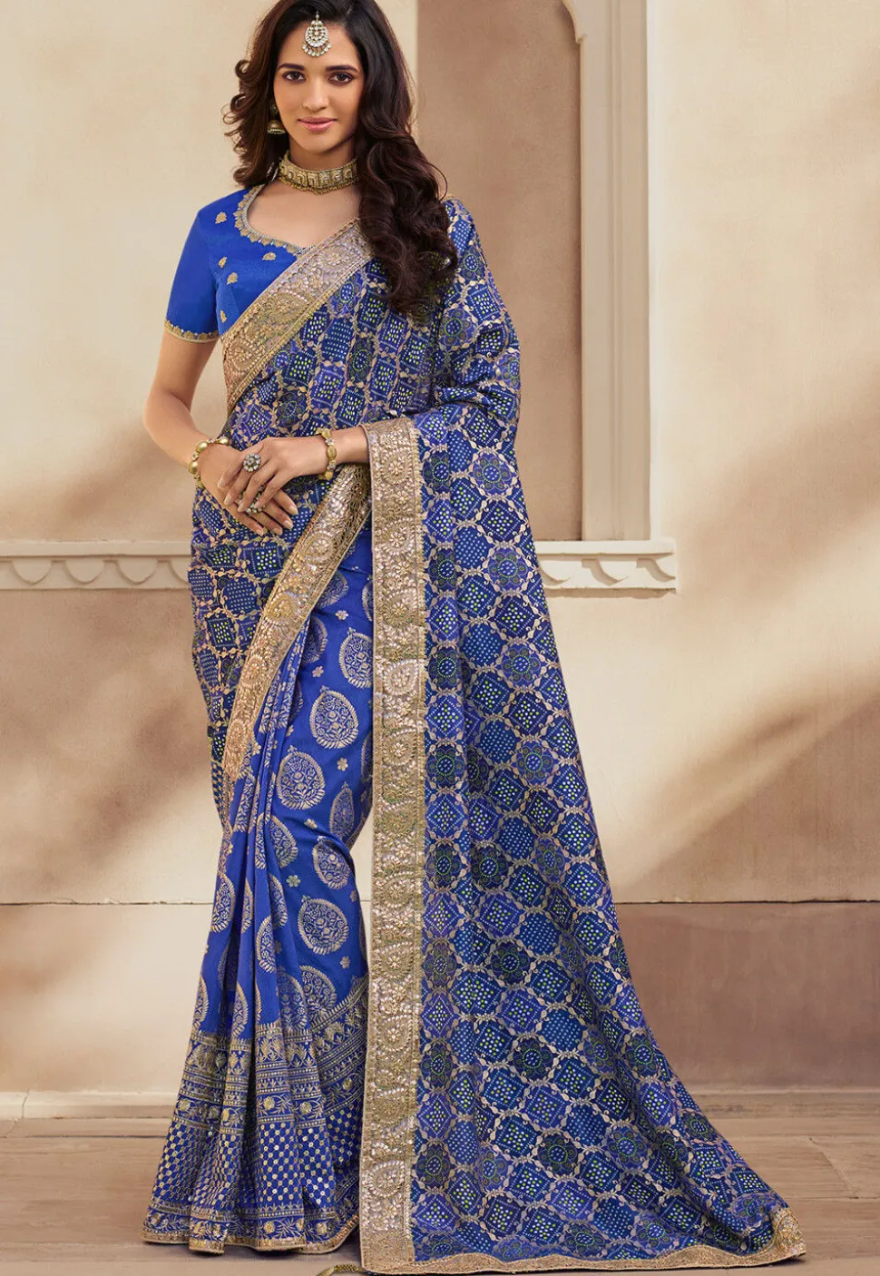 Half N Half Art Silk Saree in Royal Blue