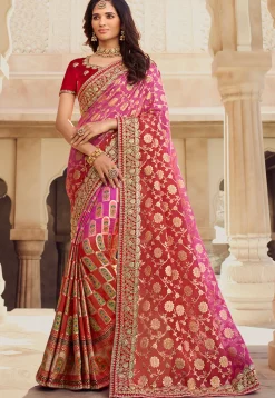 Half N Half Art Silk Saree in Pink and Red
