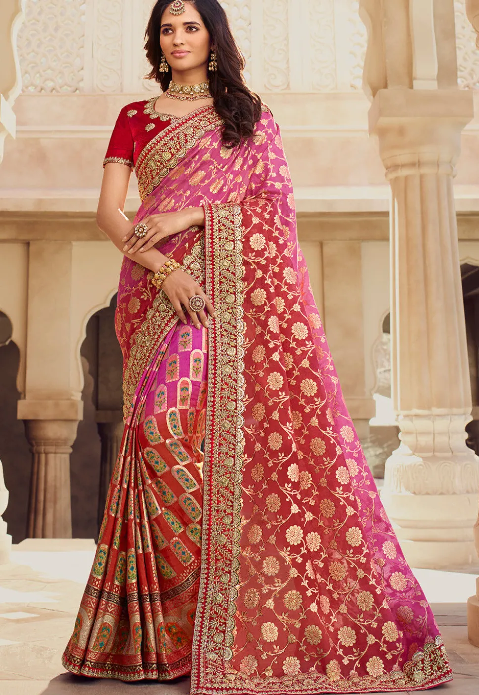 Half N Half Art Silk Saree in Pink and Red