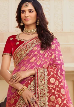 Half N Half Art Silk Saree in Pink and Red