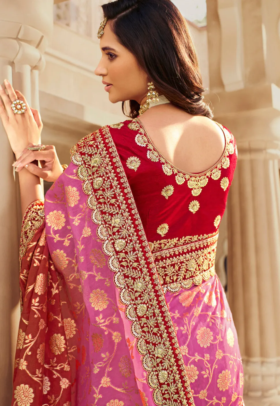 Half N Half Art Silk Saree in Pink and Red