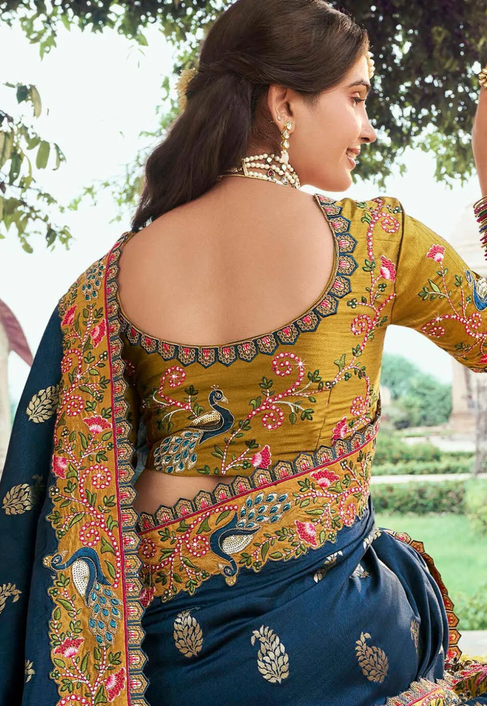 Half N Half Art Silk Saree in Navy Blue and Mustard