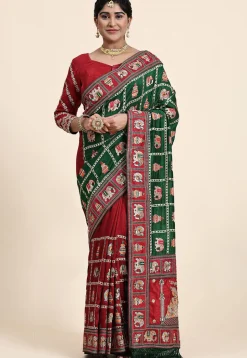 Half N Half Art Silk Saree in Green and Maroon