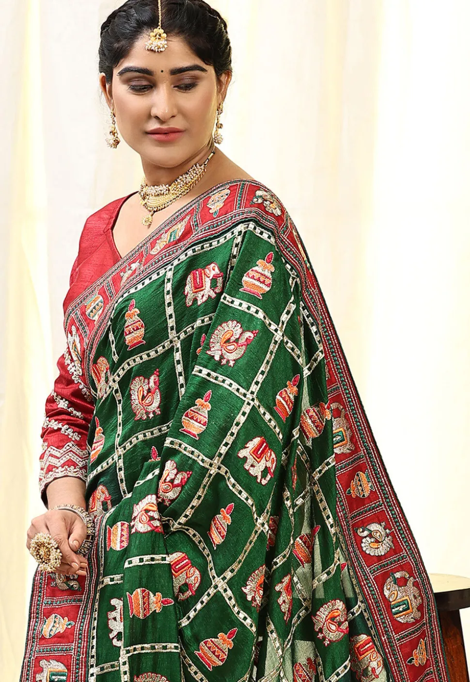 Half N Half Art Silk Saree in Green and Maroon