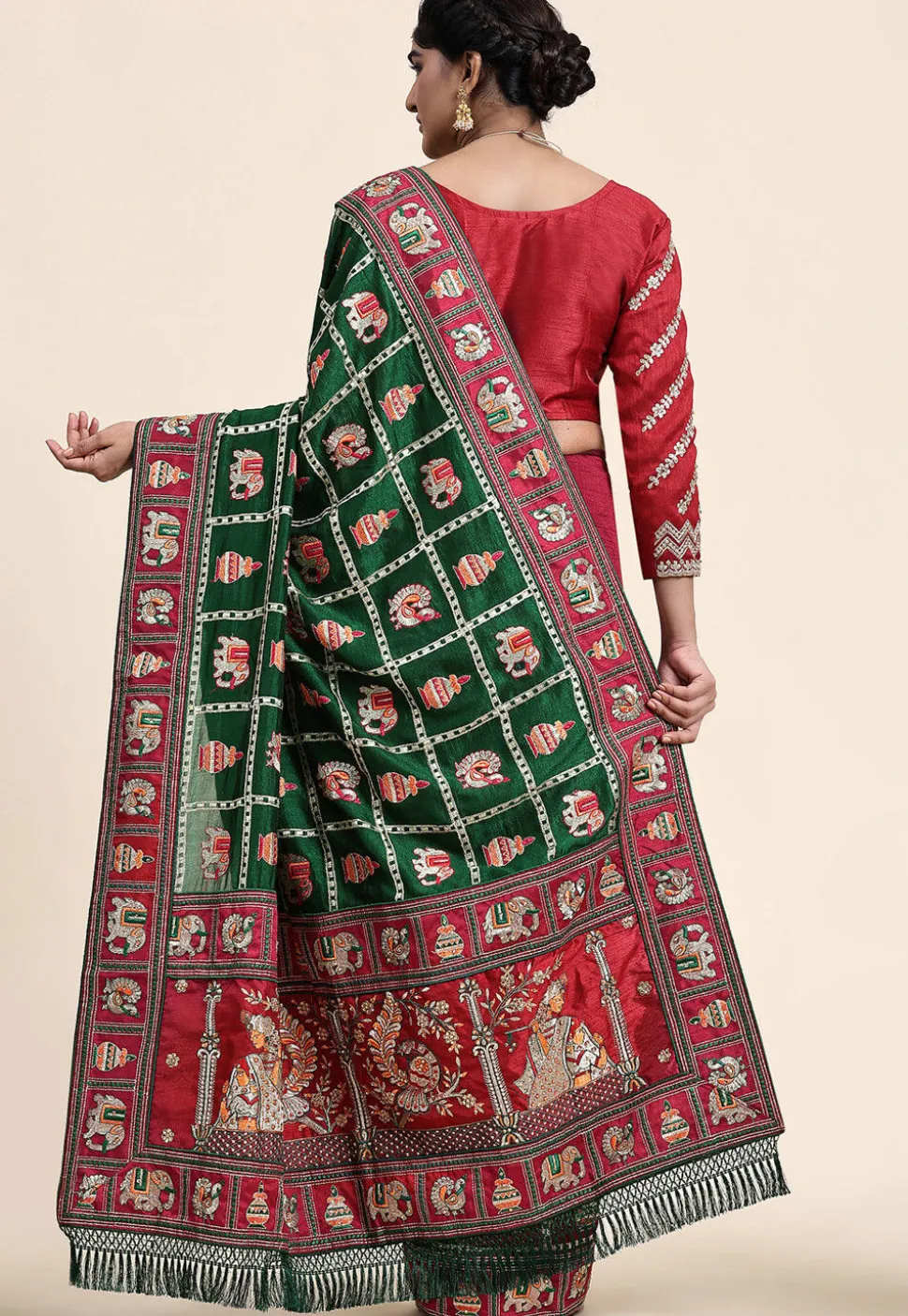 Half N Half Art Silk Saree in Green and Maroon