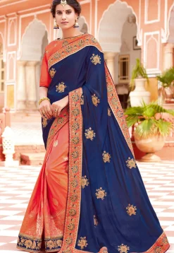 Half N Half Art Silk Saree in Orange and Navy Blue