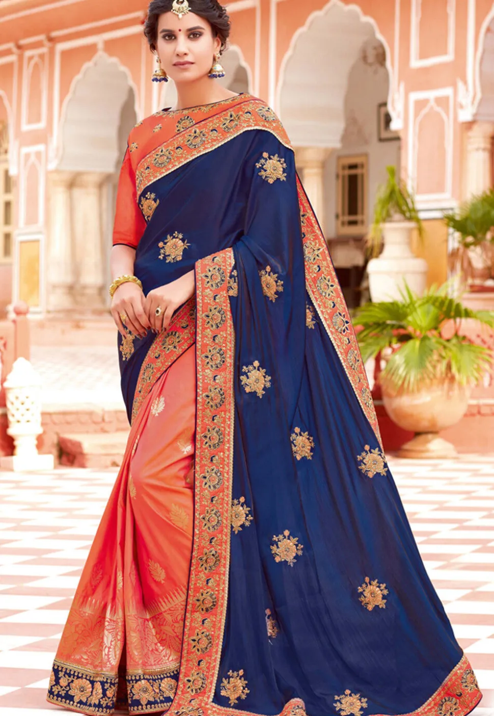 Half N Half Art Silk Saree in Orange and Navy Blue