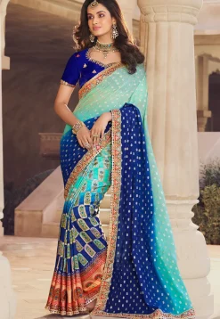 Half N Half Art Silk Saree in Navy Blue and Sky Blue