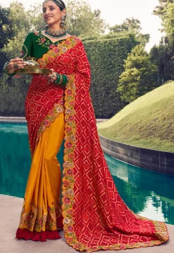 Half N Half Art Silk Saree in Red and Mustard