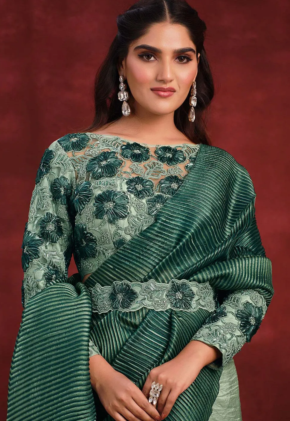 Half N Half Art Silk Saree in Green