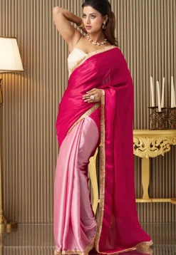 Half N Half Chiffon Saree in Fuchsia and Pink