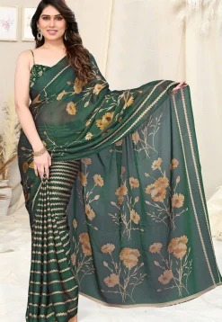 Half N Half Chiffon Saree in Dark Green