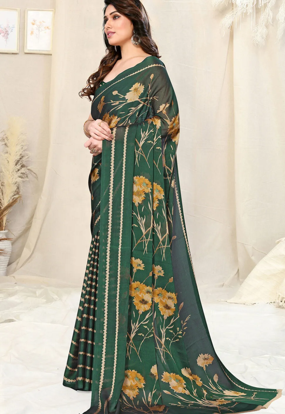 Half N Half Chiffon Saree in Dark Green