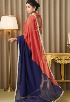 Half N Half Chiffon Saree in Red and Navy Blue