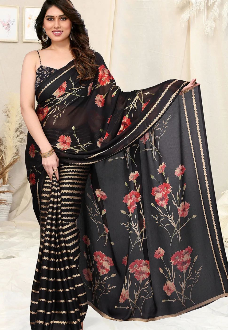 Half N Half Chiffon Saree in Black