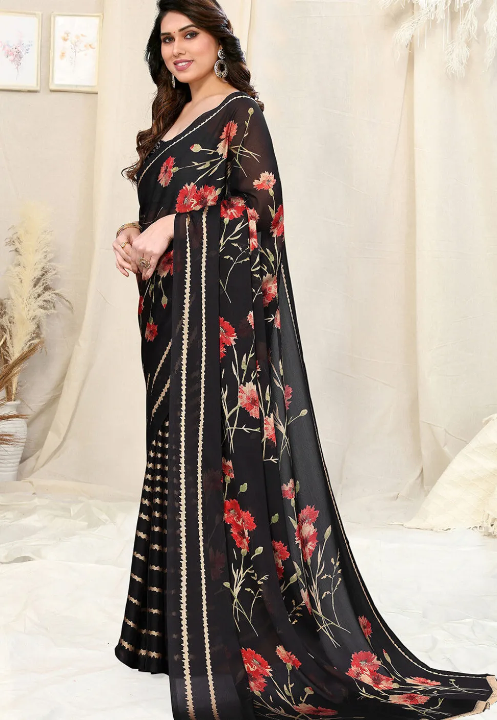 Half N Half Chiffon Saree in Black