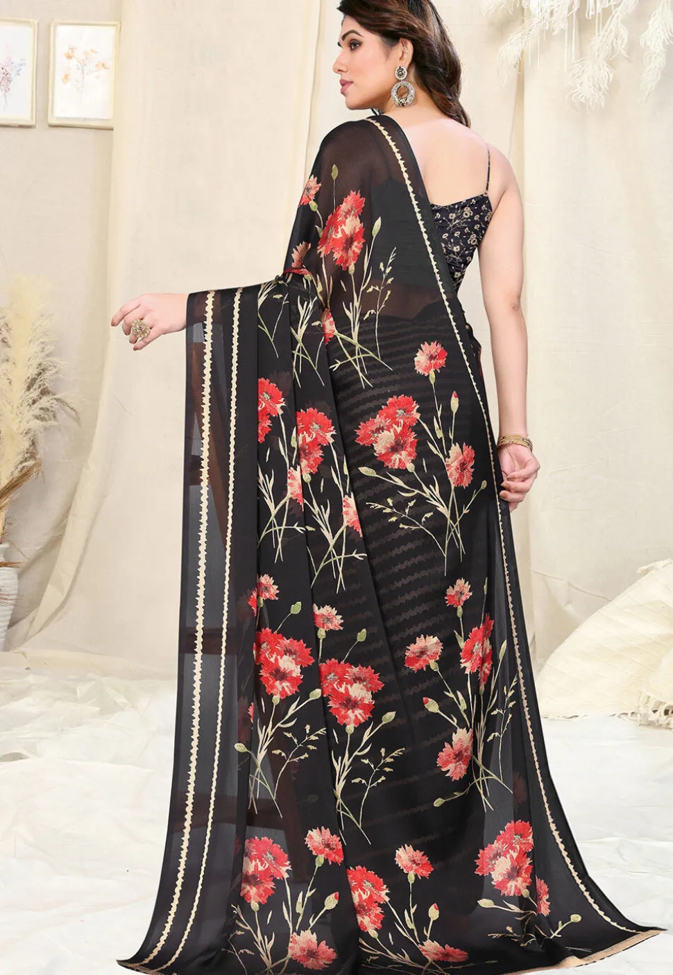 Half N Half Chiffon Saree in Black