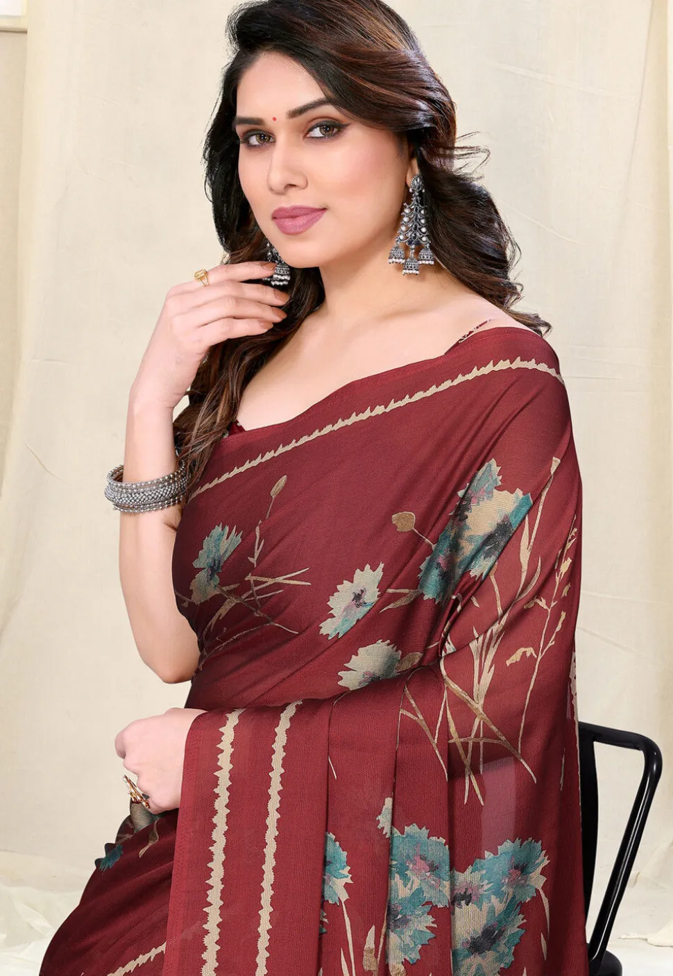 Half N Half Chiffon Saree in Maroon