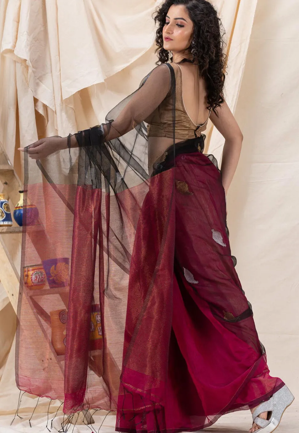 Half N Half Cotton Saree in Black and Fuchsia