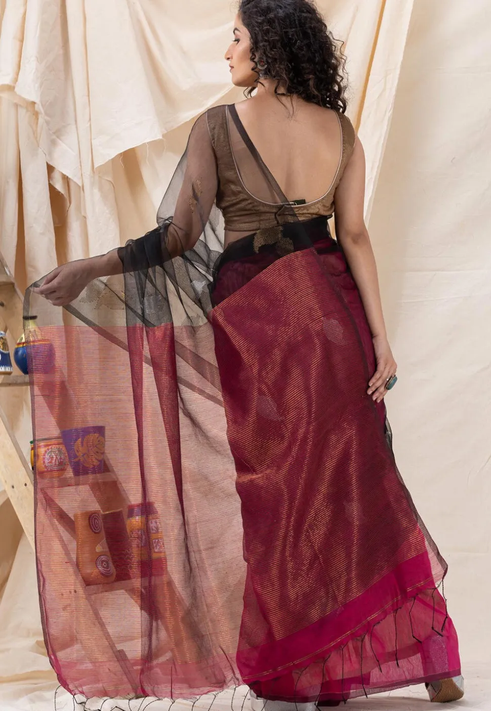 Half N Half Cotton Saree in Black and Fuchsia