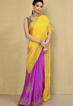 Half N Half Crepe Jacquard Saree in Yellow and Purple