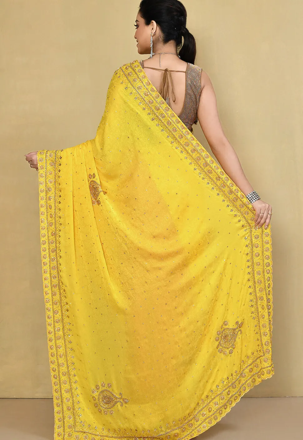 Half N Half Crepe Jacquard Saree in Yellow and Purple