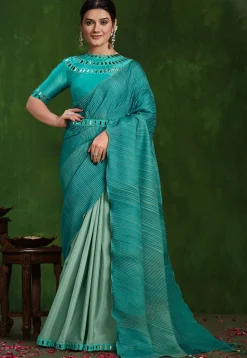 Half N Half Crepe Saree in Teal Blue