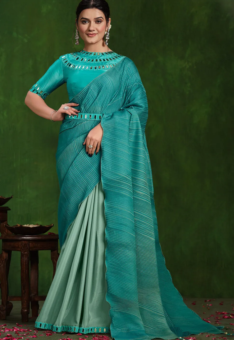 Half N Half Crepe Saree in Teal Blue