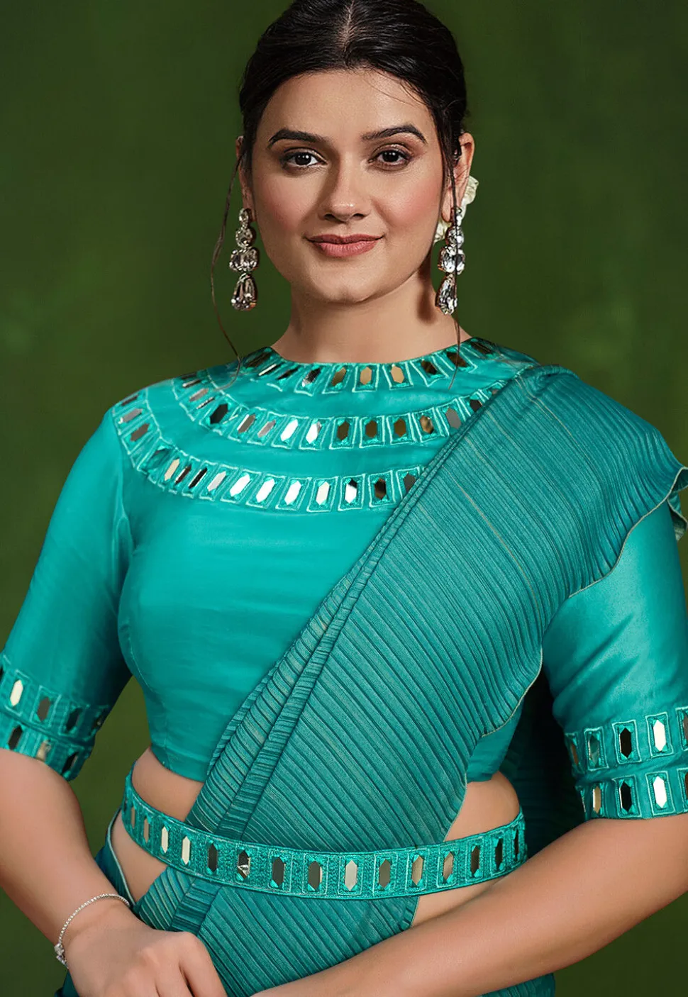 Half N Half Crepe Saree in Teal Blue