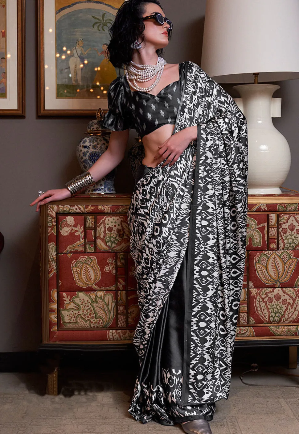 Half N Half Crepe Saree in Off White and Black